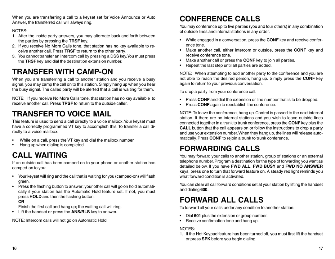 Samsung DCS 50si manual Transfer with CAMP-ON, Transfer to Voice Mail, Call Waiting, Conference Calls, Forwarding Calls 