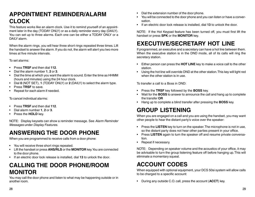 Samsung DCS 50si manual Appointment REMINDER/ALARM Clock, Answering the Door Phone, Calling the Door PHONE/ROOM Monitor 