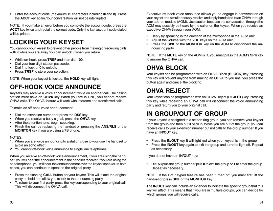 Samsung DCS 50si manual Locking Your Keyset, OFF-HOOK Voice Announce, Ohva Block, Ohva Reject, GROUP/OUT of Group 