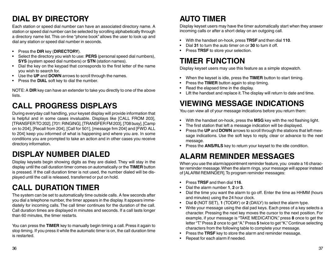 Samsung DCS 50si manual Dial by Directory, Call Progress Displays, Display Number Dialed, Call Duration Timer, Auto Timer 