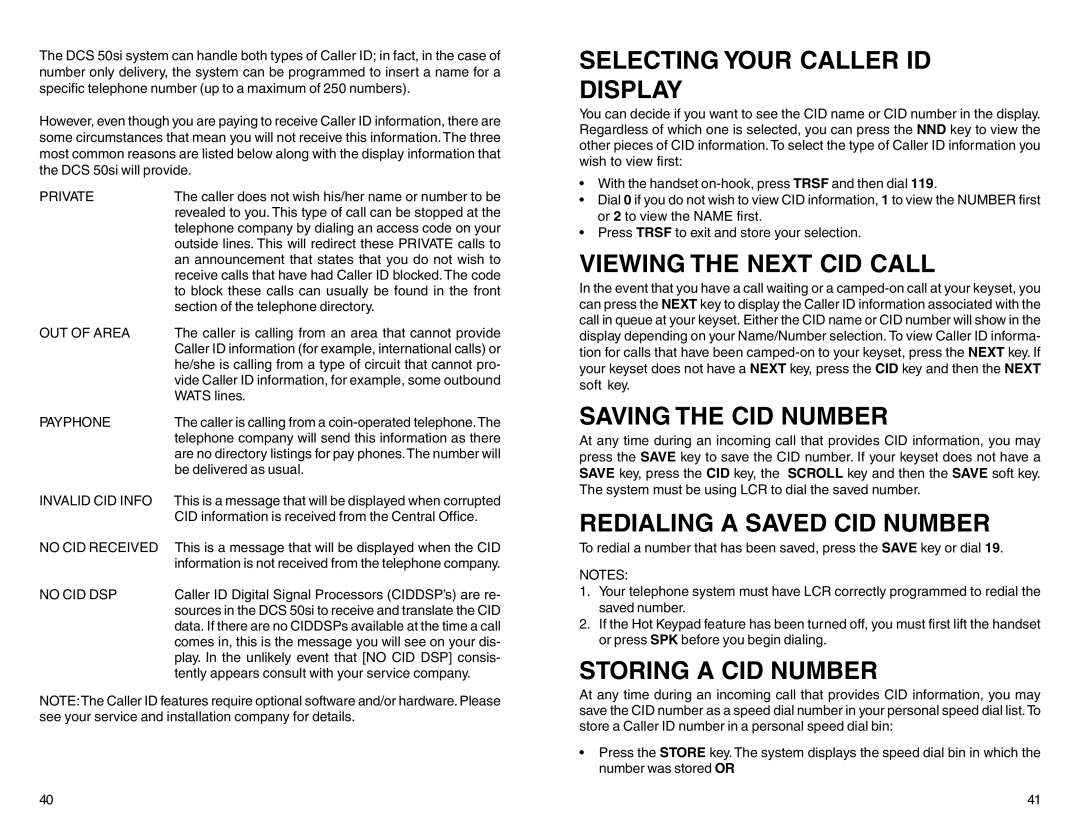 Samsung DCS 50si Selecting Your Caller ID Display, Viewing the Next CID Call, Saving the CID Number, Storing a CID Number 