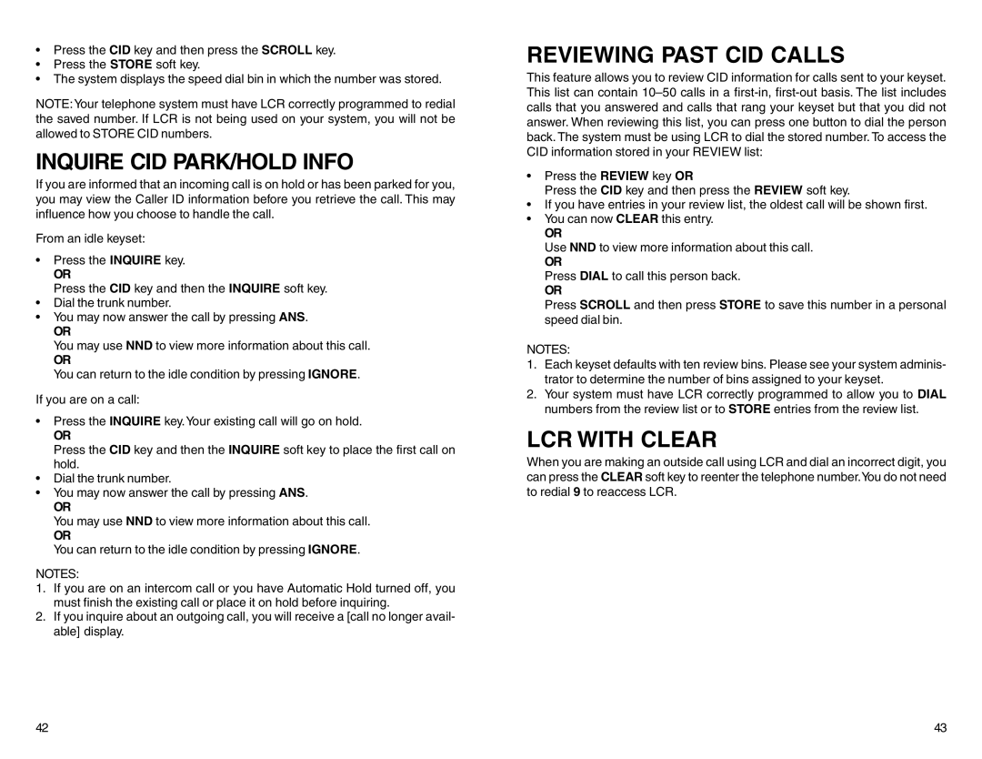 Samsung DCS 50si manual Inquire CID PARK/HOLD Info, Reviewing Past CID Calls, LCR with Clear 