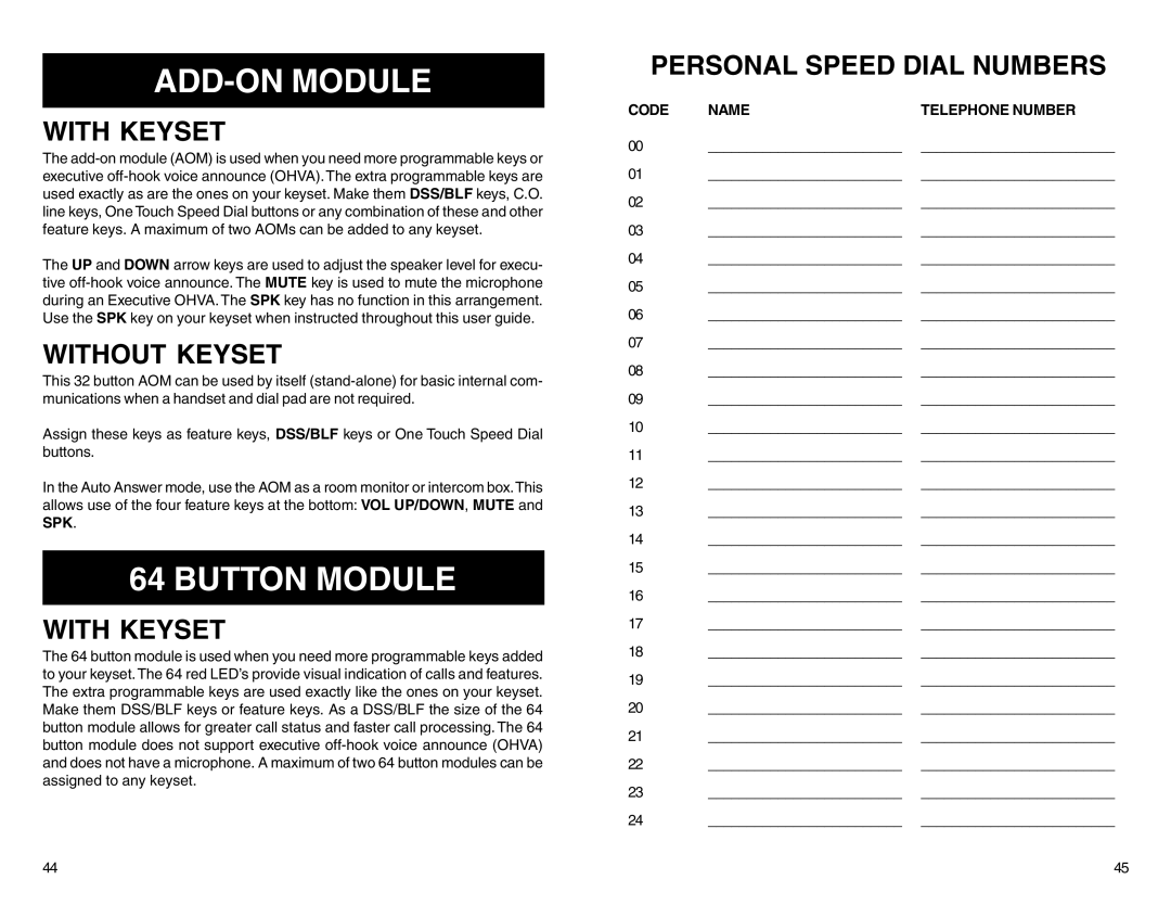 Samsung DCS 50si manual ADD-ON Module, Button Module, Personal Speed Dial Numbers, With Keyset, Without Keyset 