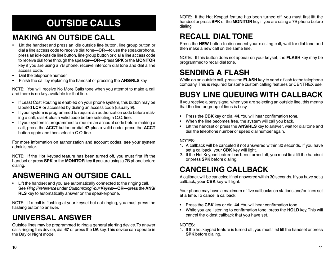 Samsung DCS 50si manual Outside Calls 