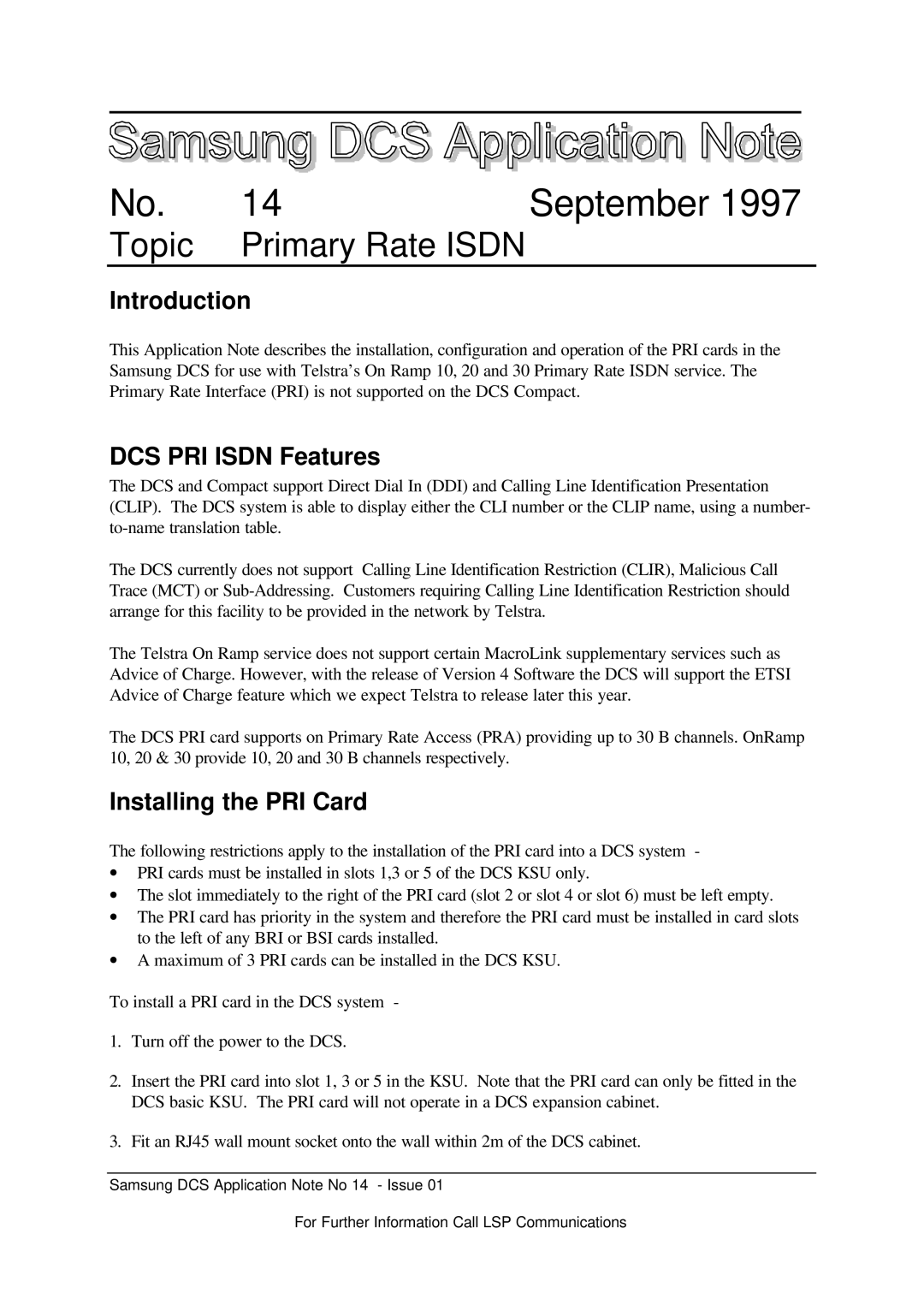 Samsung dcs application manual Introduction, DCS PRI Isdn Features, Installing the PRI Card 