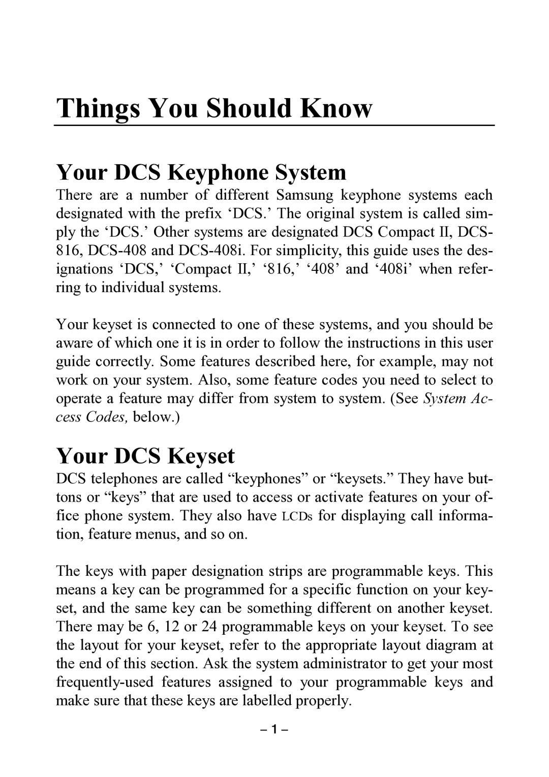 Samsung DCS KEYSET manual Things You Should Know, Your DCS Keyphone System, Your DCS Keyset 