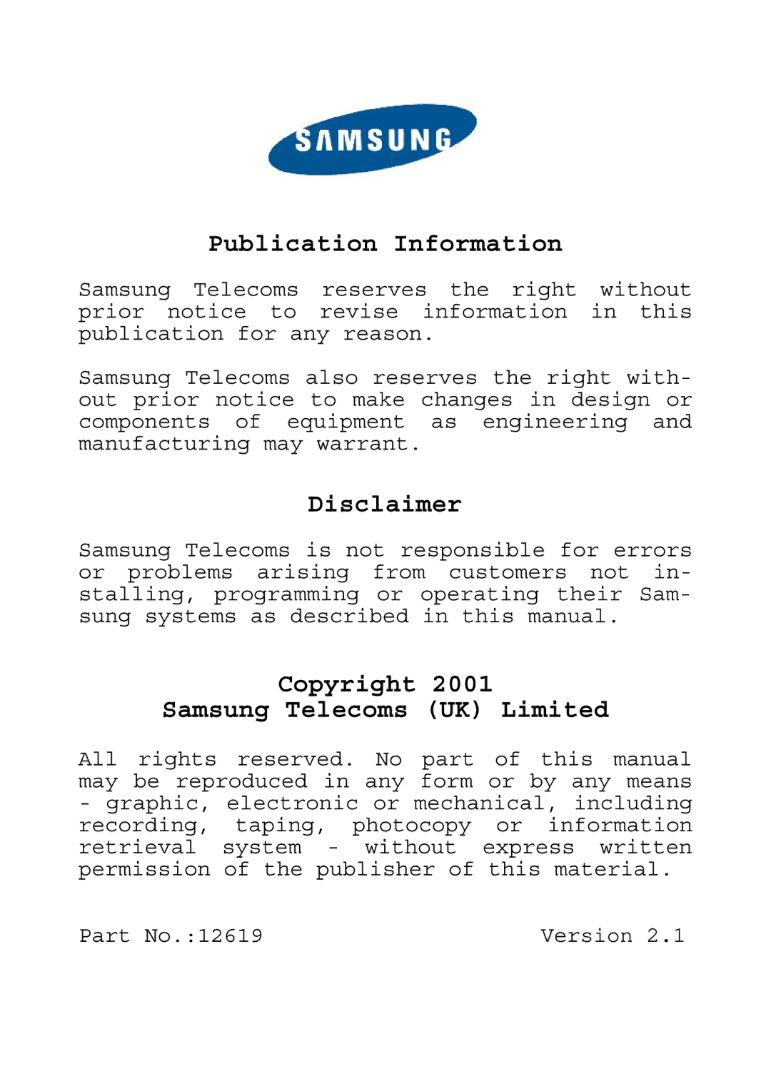 Samsung DCS KEYSET manual Publication Information 