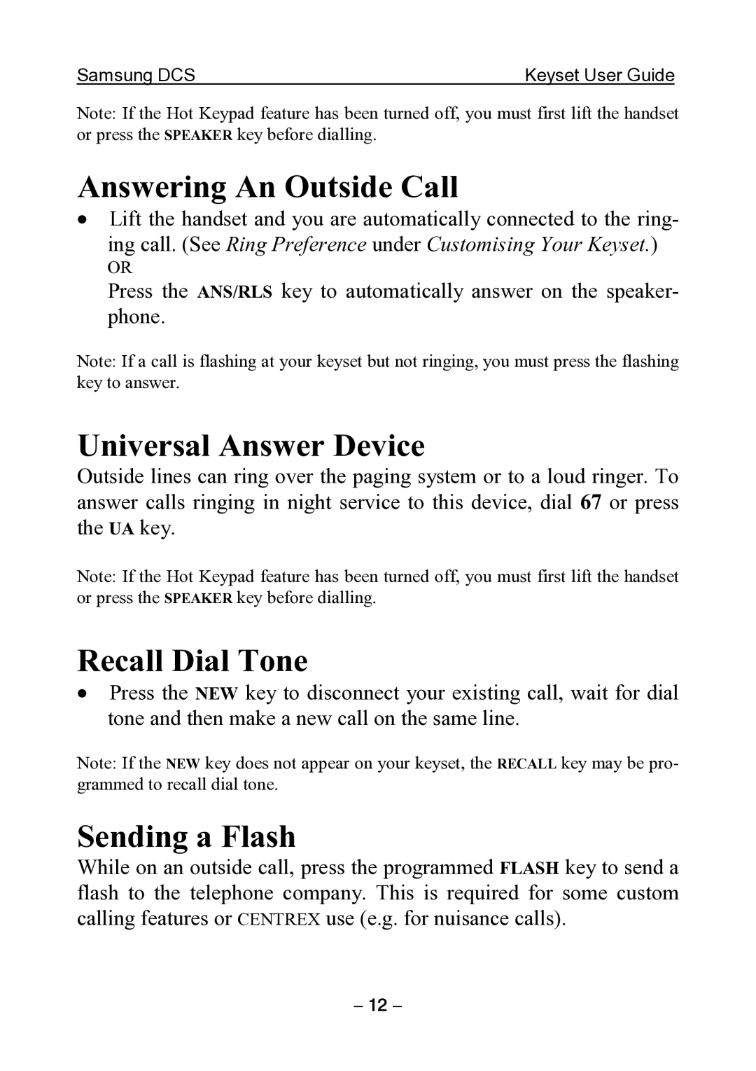 Samsung DCS KEYSET manual Answering An Outside Call, Universal Answer Device, Recall Dial Tone, Sending a Flash 