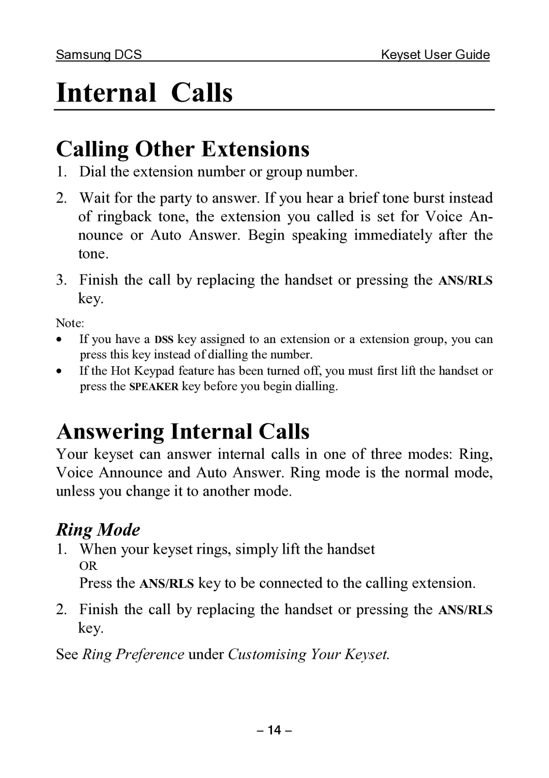 Samsung DCS KEYSET manual Calling Other Extensions, Answering Internal Calls 