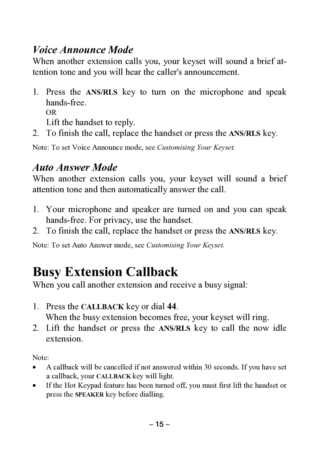 Samsung DCS KEYSET manual Busy Extension Callback, Voice Announce Mode 