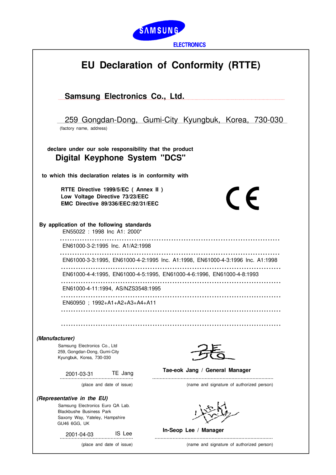 Samsung DCS KEYSET manual EU Declaration of Conformity Rtte 