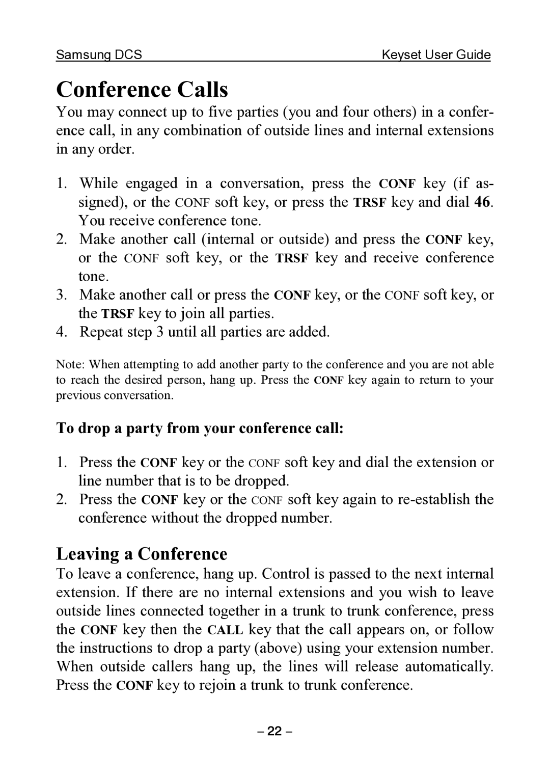 Samsung DCS KEYSET manual Conference Calls, Leaving a Conference, To drop a party from your conference call 