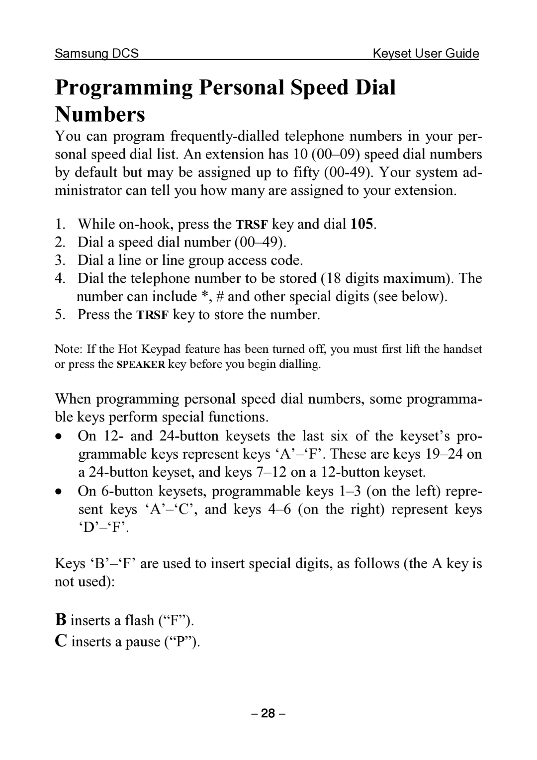 Samsung DCS KEYSET manual Programming Personal Speed Dial Numbers 