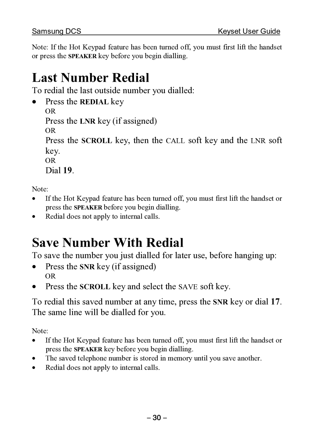 Samsung DCS KEYSET manual Last Number Redial, Save Number With Redial 