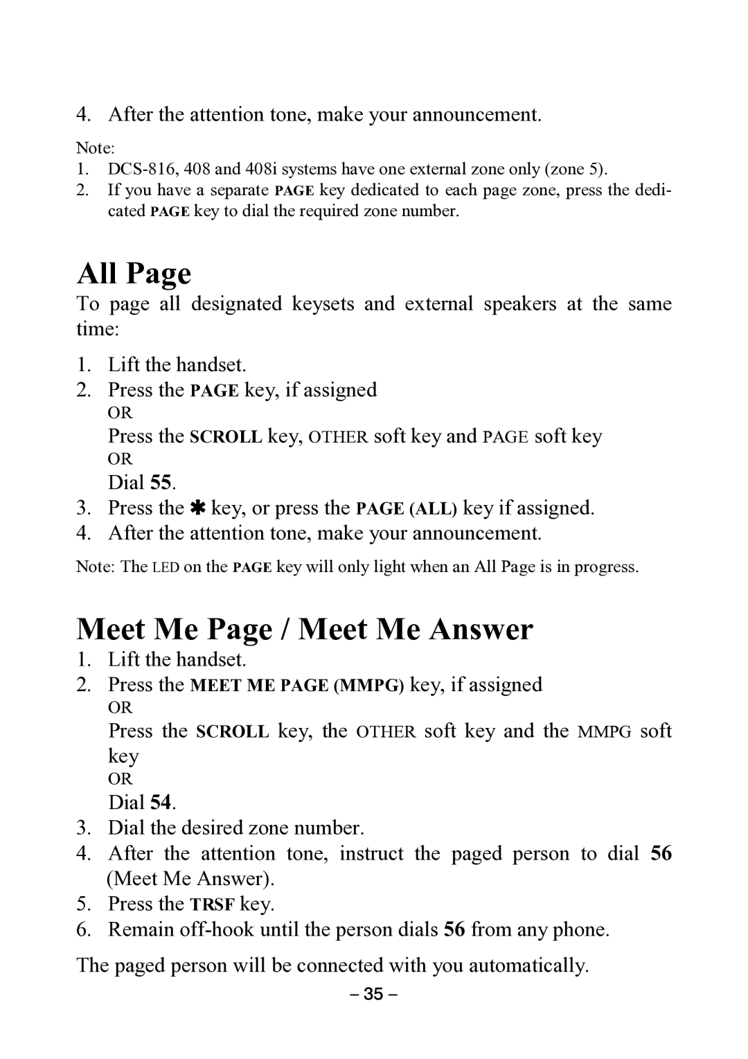 Samsung DCS KEYSET manual All, Meet Me Page / Meet Me Answer 