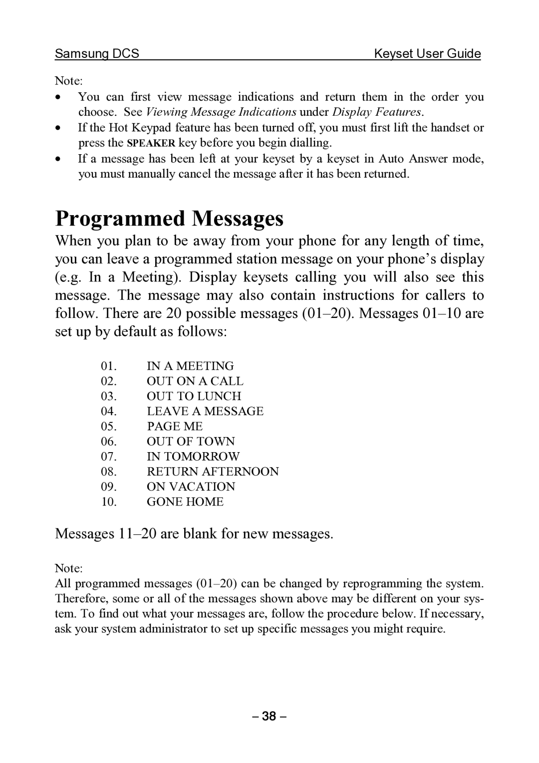 Samsung DCS KEYSET manual Programmed Messages, Messages 11-20 are blank for new messages 