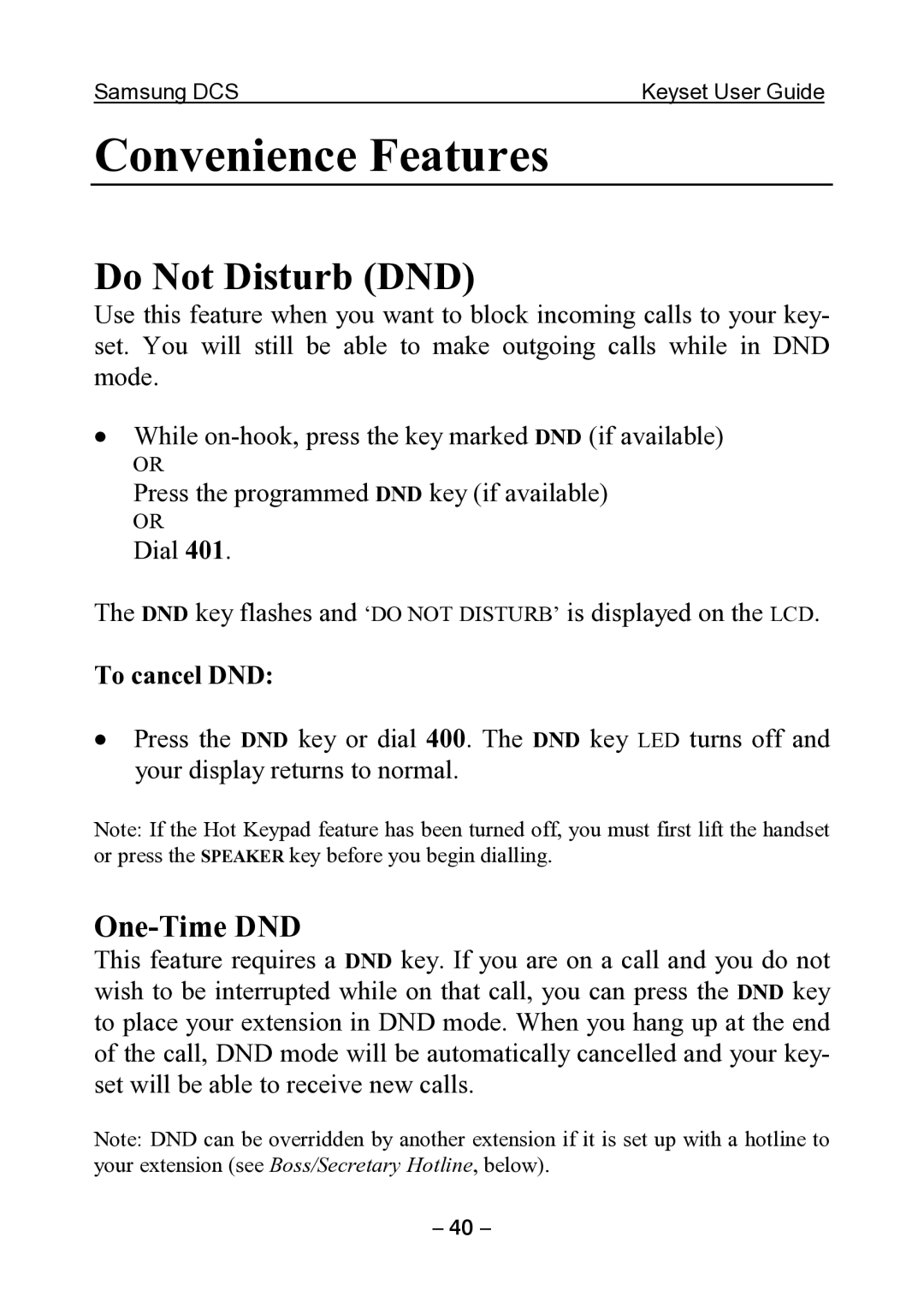 Samsung DCS KEYSET manual Convenience Features, Do Not Disturb DND, One-Time DND, To cancel DND 