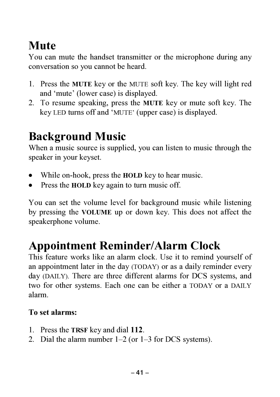 Samsung DCS KEYSET manual Mute, Background Music, Appointment Reminder/Alarm Clock, To set alarms 