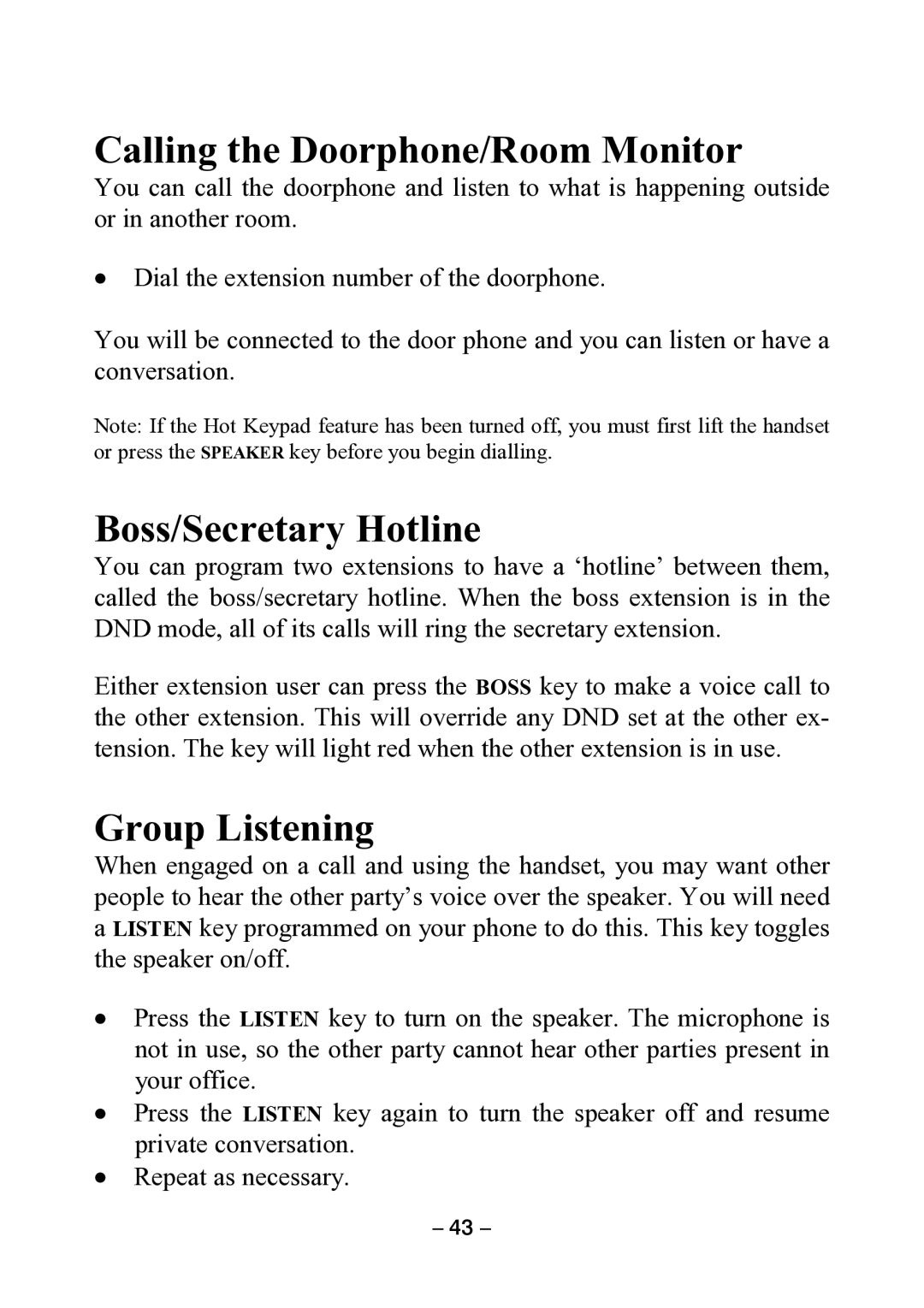 Samsung DCS KEYSET manual Calling the Doorphone/Room Monitor, Boss/Secretary Hotline, Group Listening 