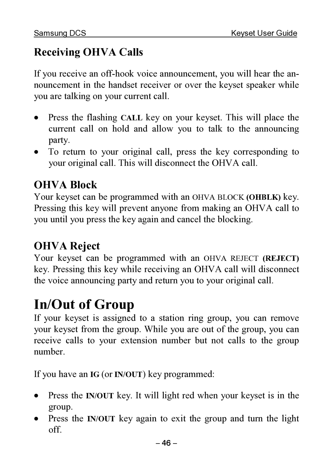 Samsung DCS KEYSET manual In/Out of Group, Receiving Ohva Calls, Ohva Block, Ohva Reject 