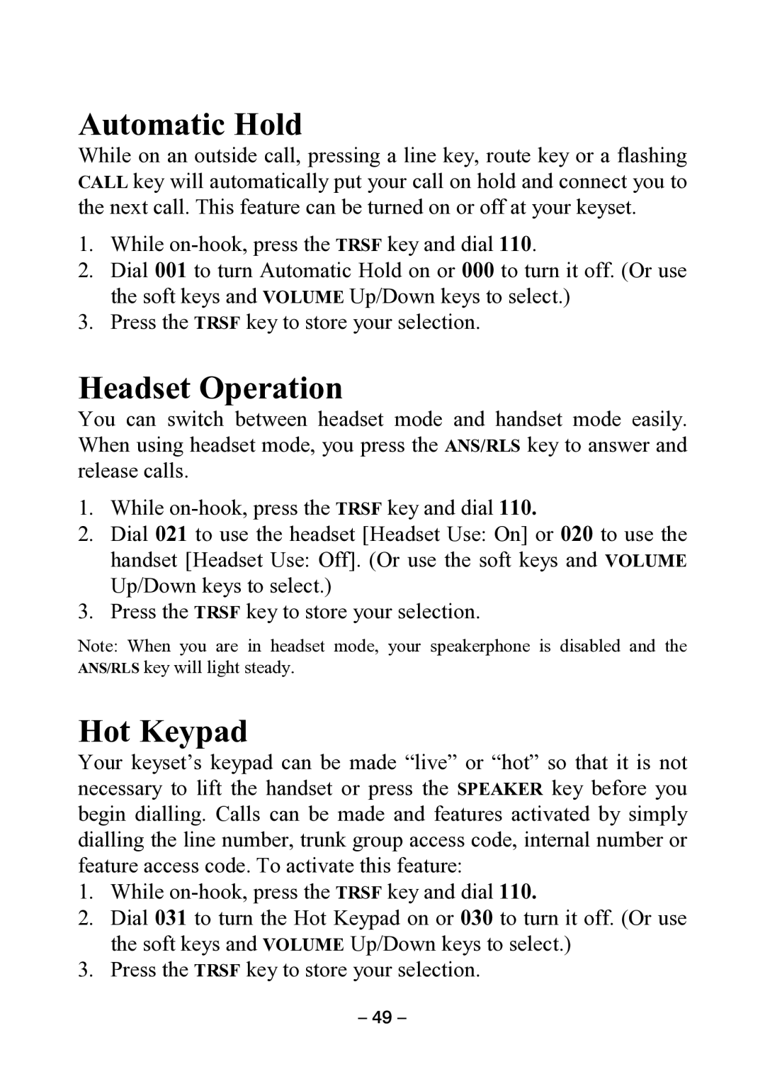 Samsung DCS KEYSET manual Automatic Hold, Headset Operation 