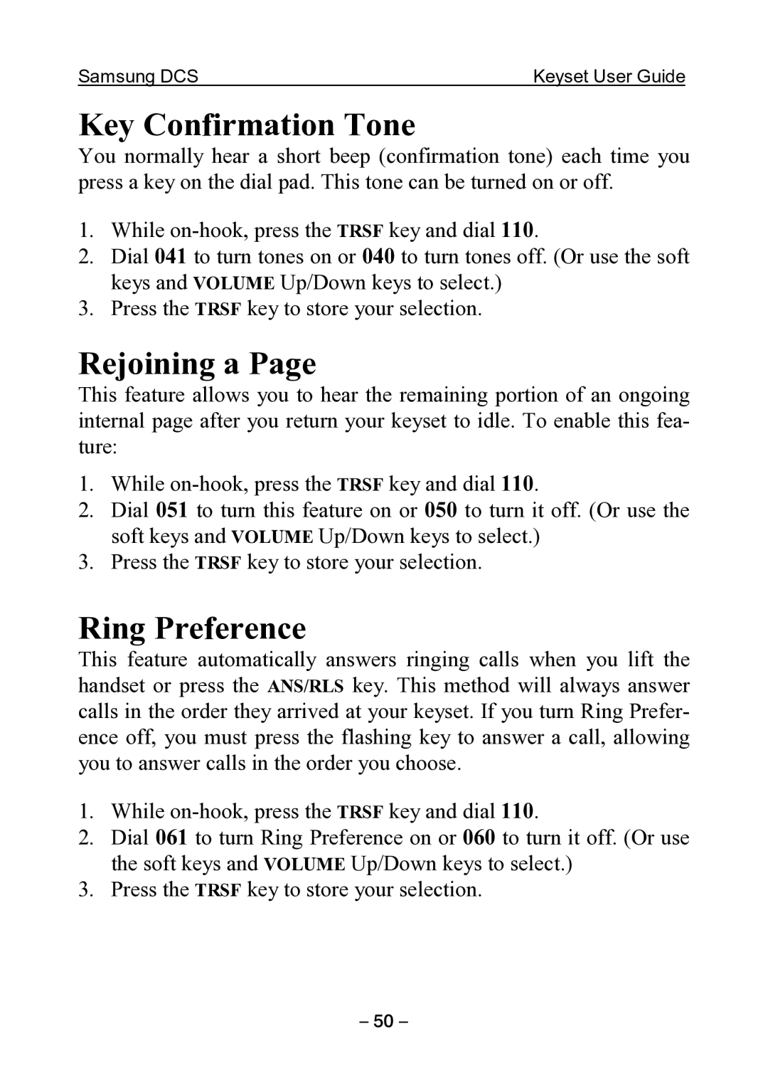 Samsung DCS KEYSET manual Key Confirmation Tone, Rejoining a, Ring Preference 