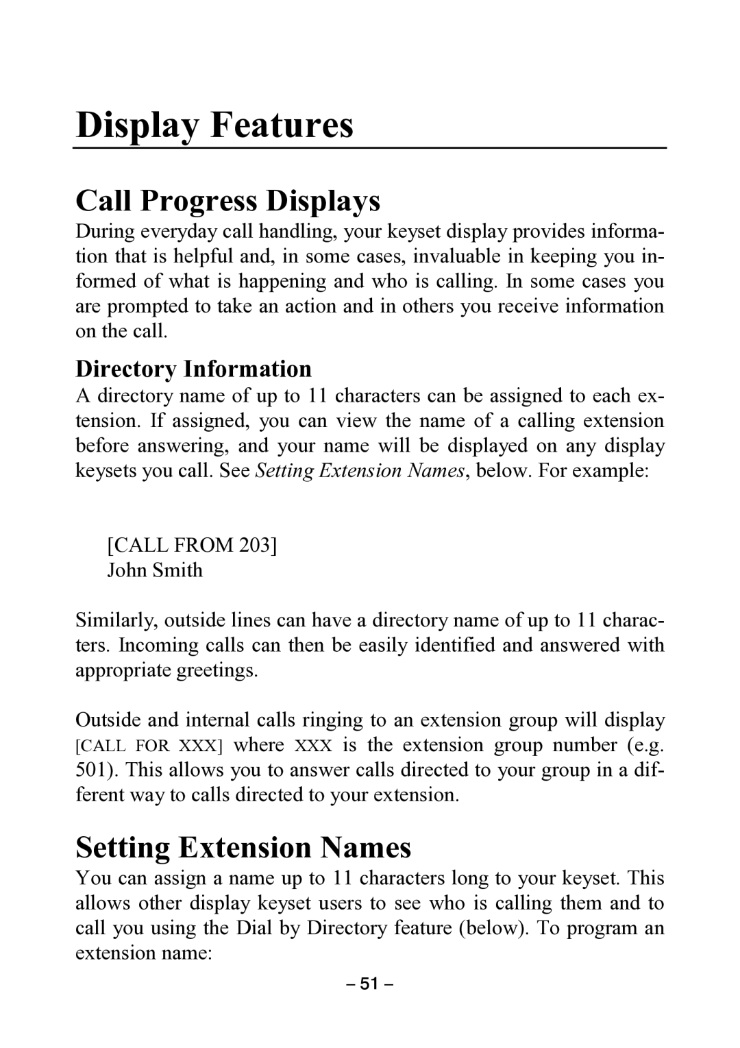 Samsung DCS KEYSET manual Display Features, Call Progress Displays, Setting Extension Names, Directory Information 