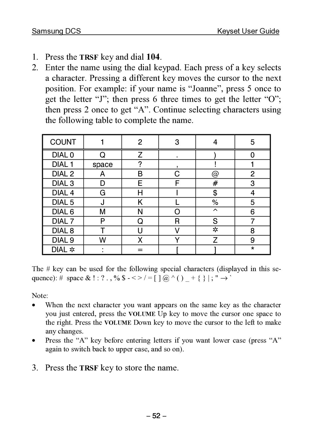 Samsung DCS KEYSET manual Press the Trsf key to store the name 