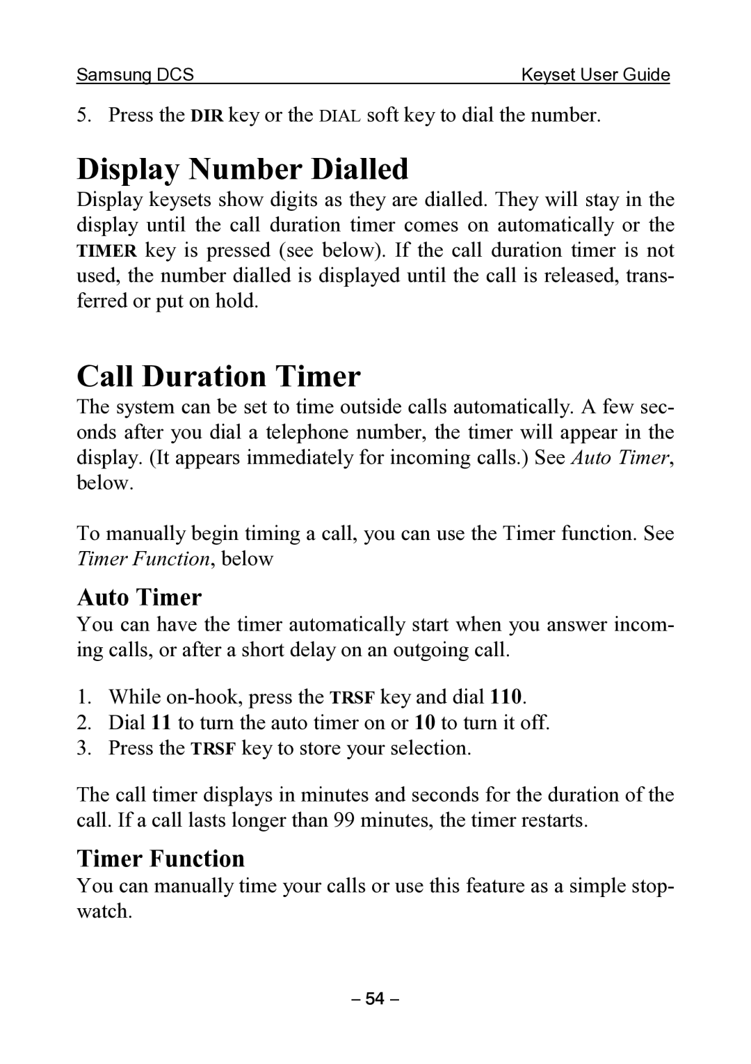 Samsung DCS KEYSET manual Display Number Dialled, Call Duration Timer, Auto Timer, Timer Function 