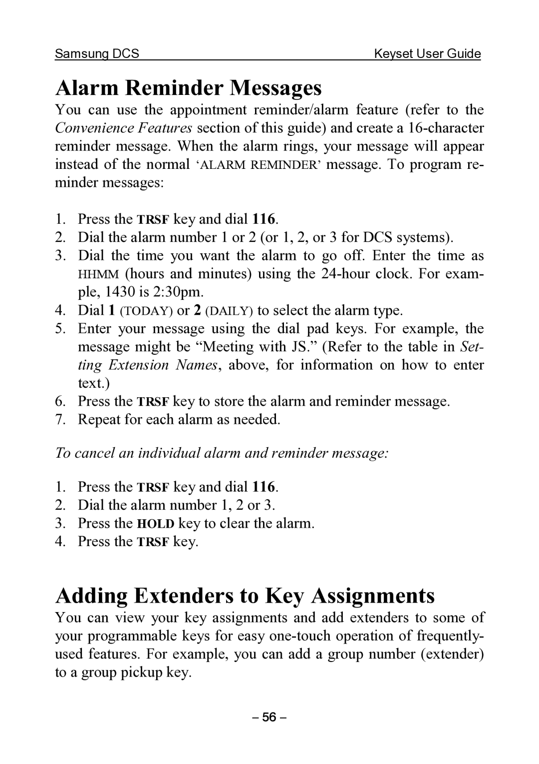 Samsung DCS KEYSET manual Alarm Reminder Messages, Adding Extenders to Key Assignments 