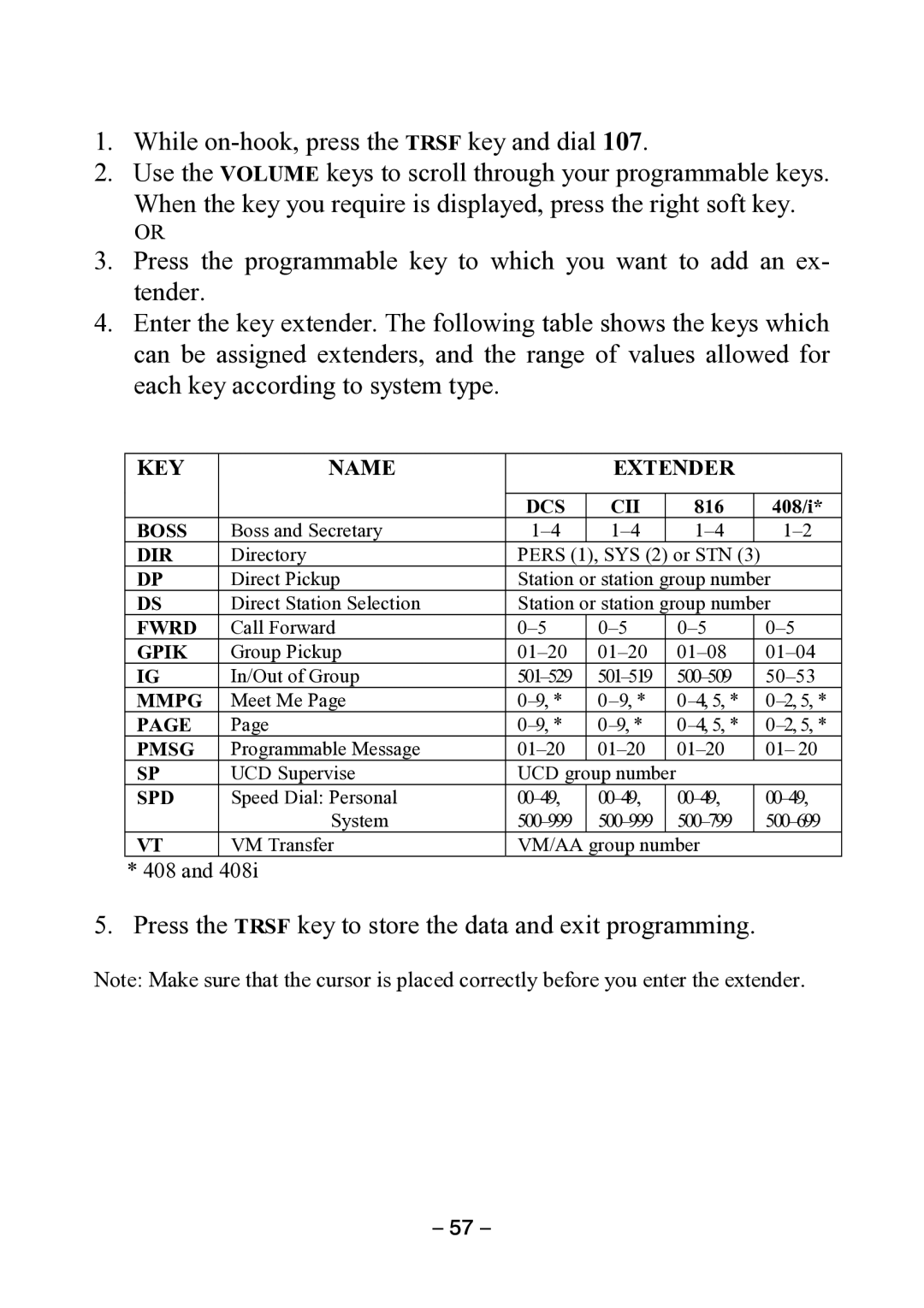 Samsung DCS KEYSET manual Press the Trsf key to store the data and exit programming 