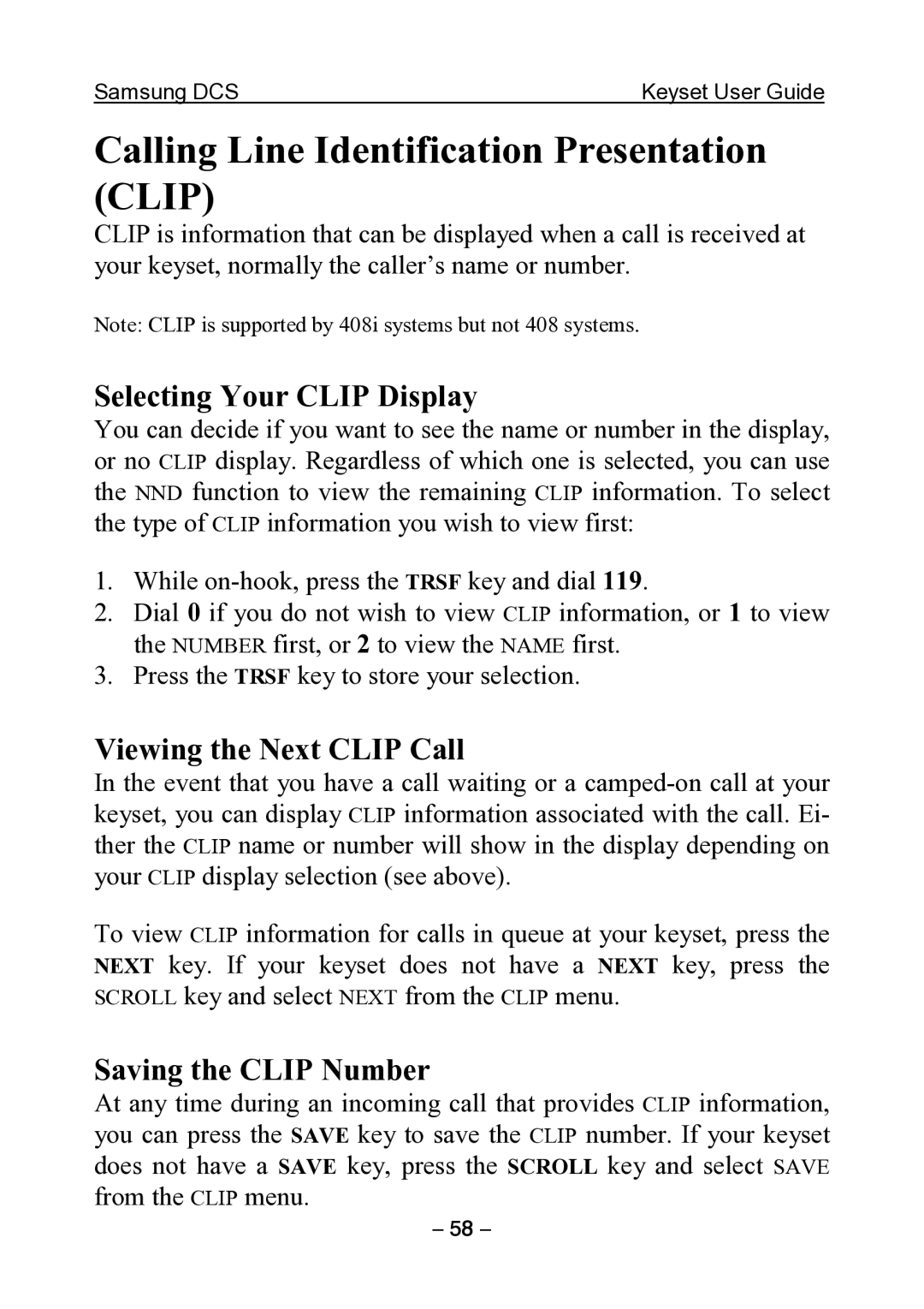 Samsung DCS KEYSET Calling Line Identification Presentation Clip, Selecting Your Clip Display, Viewing the Next Clip Call 