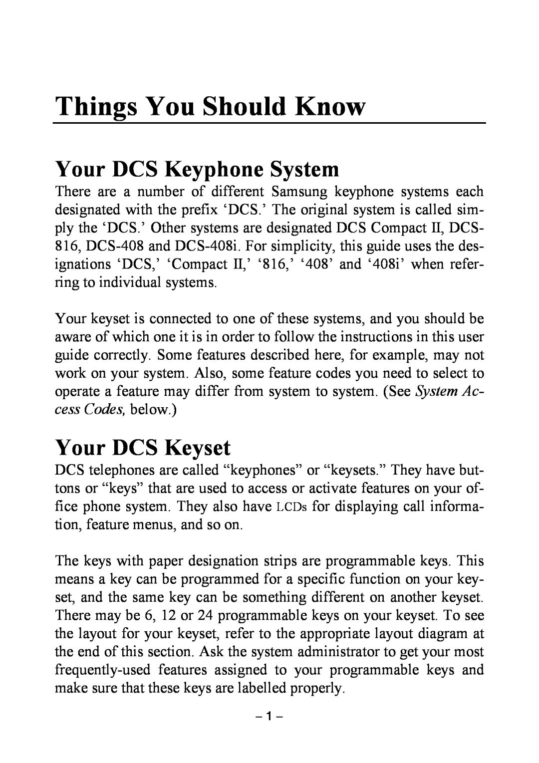 Samsung DCS KEYSET manual Things You Should Know, Your DCS Keyphone System, Your DCS Keyset 