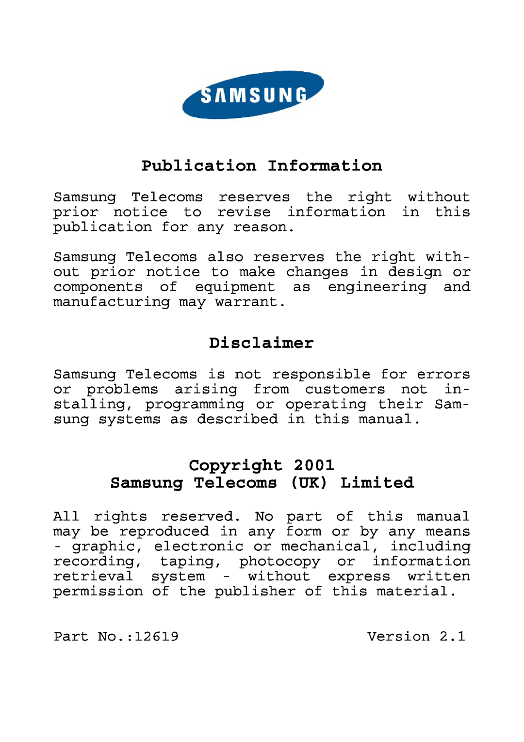 Samsung DCS KEYSET manual Publication Information, Disclaimer, Copyright Samsung Telecoms UK Limited 