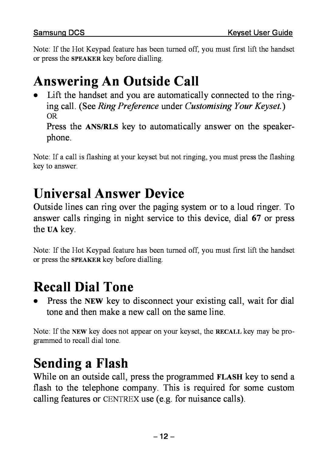 Samsung DCS KEYSET manual Answering An Outside Call, Universal Answer Device, Recall Dial Tone, Sending a Flash 