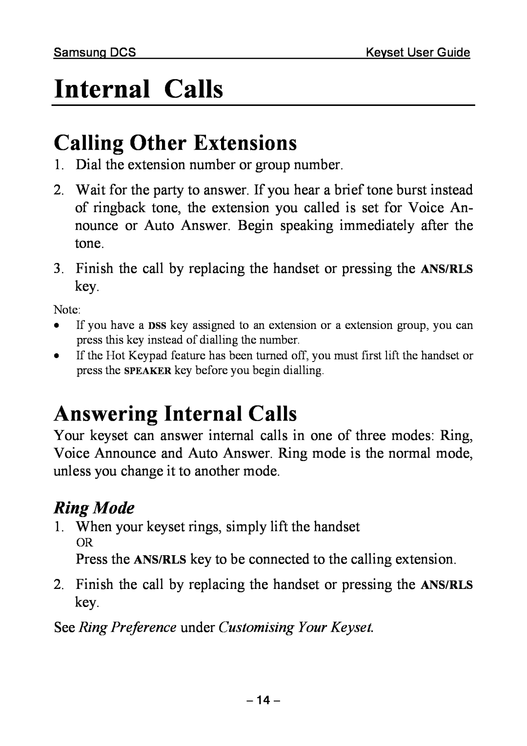 Samsung DCS KEYSET manual Calling Other Extensions, Answering Internal Calls, Ring Mode 