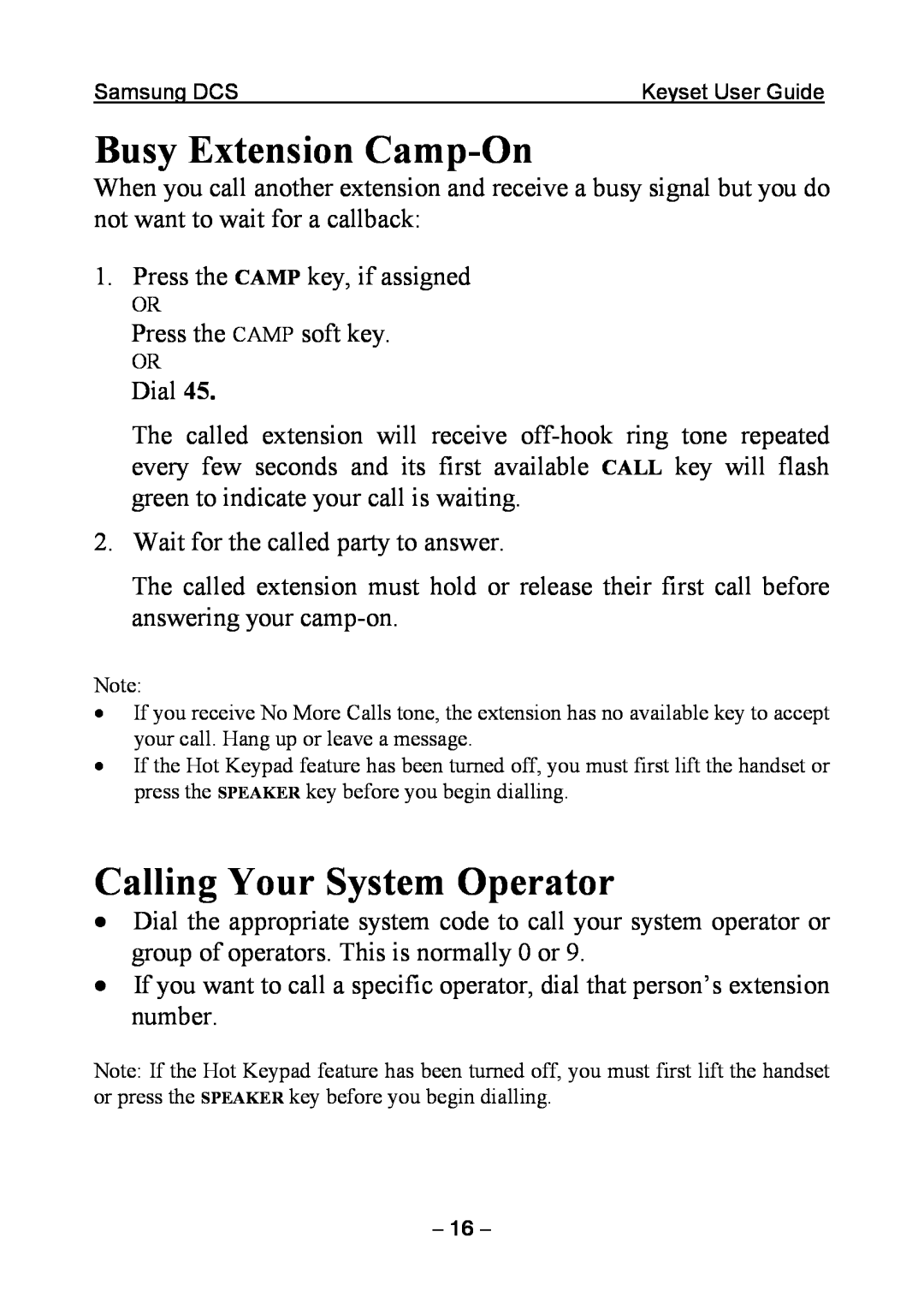 Samsung DCS KEYSET manual Busy Extension Camp-On, Calling Your System Operator 