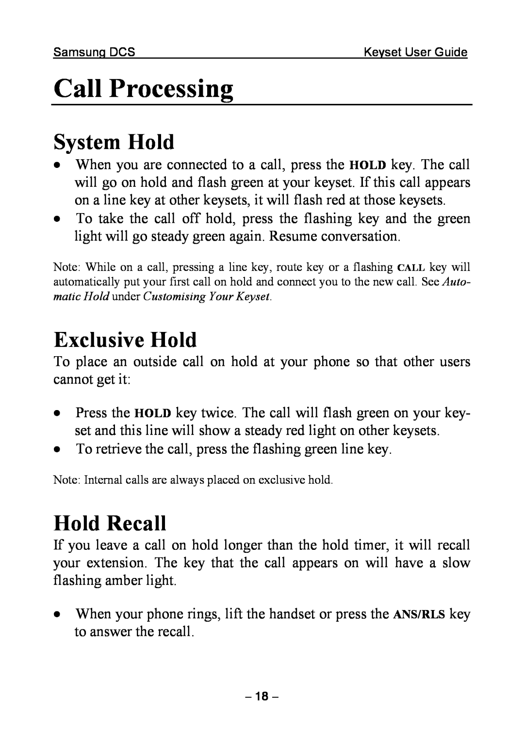 Samsung DCS KEYSET manual Call Processing, System Hold, Exclusive Hold, Hold Recall 