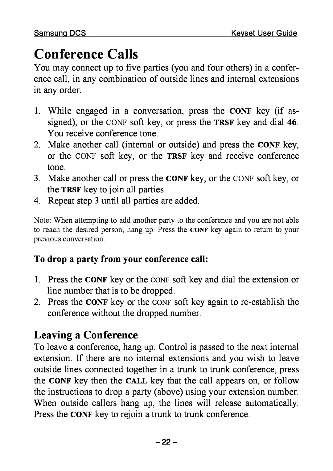 Samsung DCS KEYSET manual Conference Calls, Leaving a Conference, To drop a party from your conference call 
