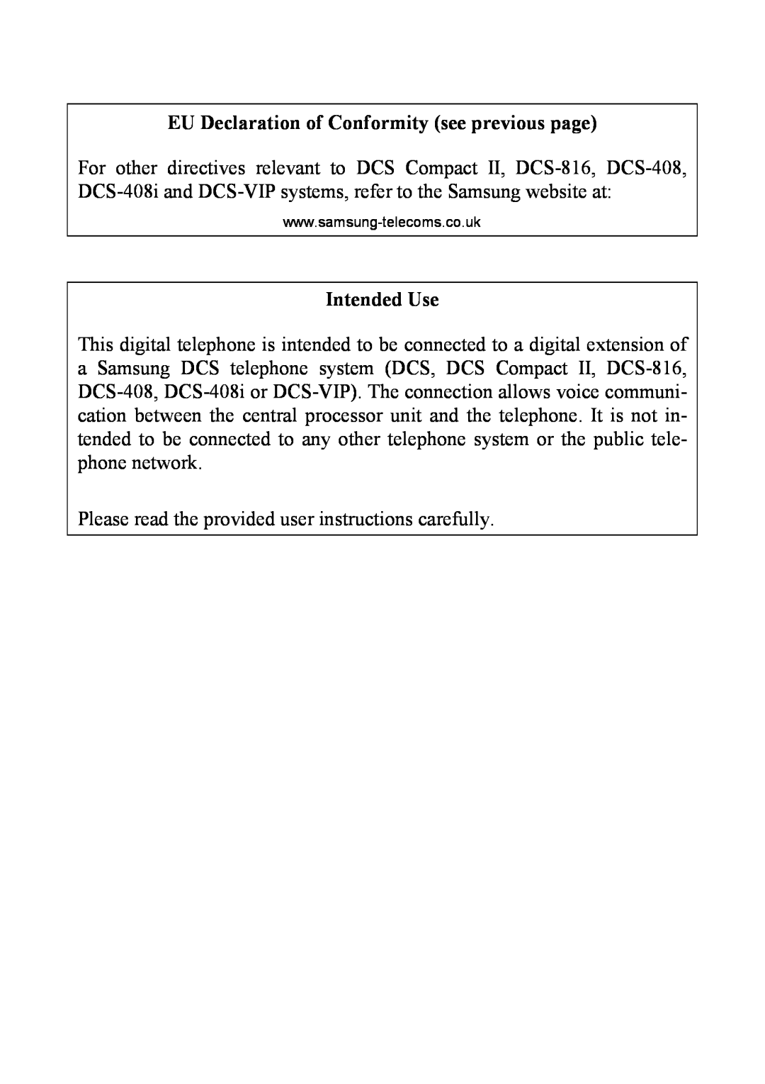 Samsung DCS KEYSET manual EU Declaration of Conformity see previous page, Intended Use 