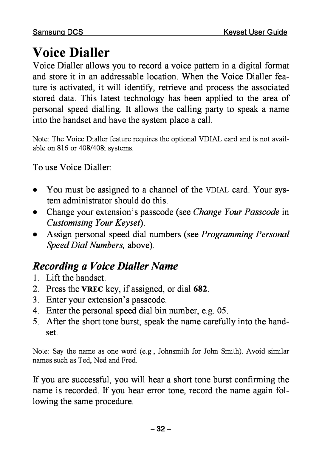 Samsung DCS KEYSET manual Recording a Voice Dialler Name 