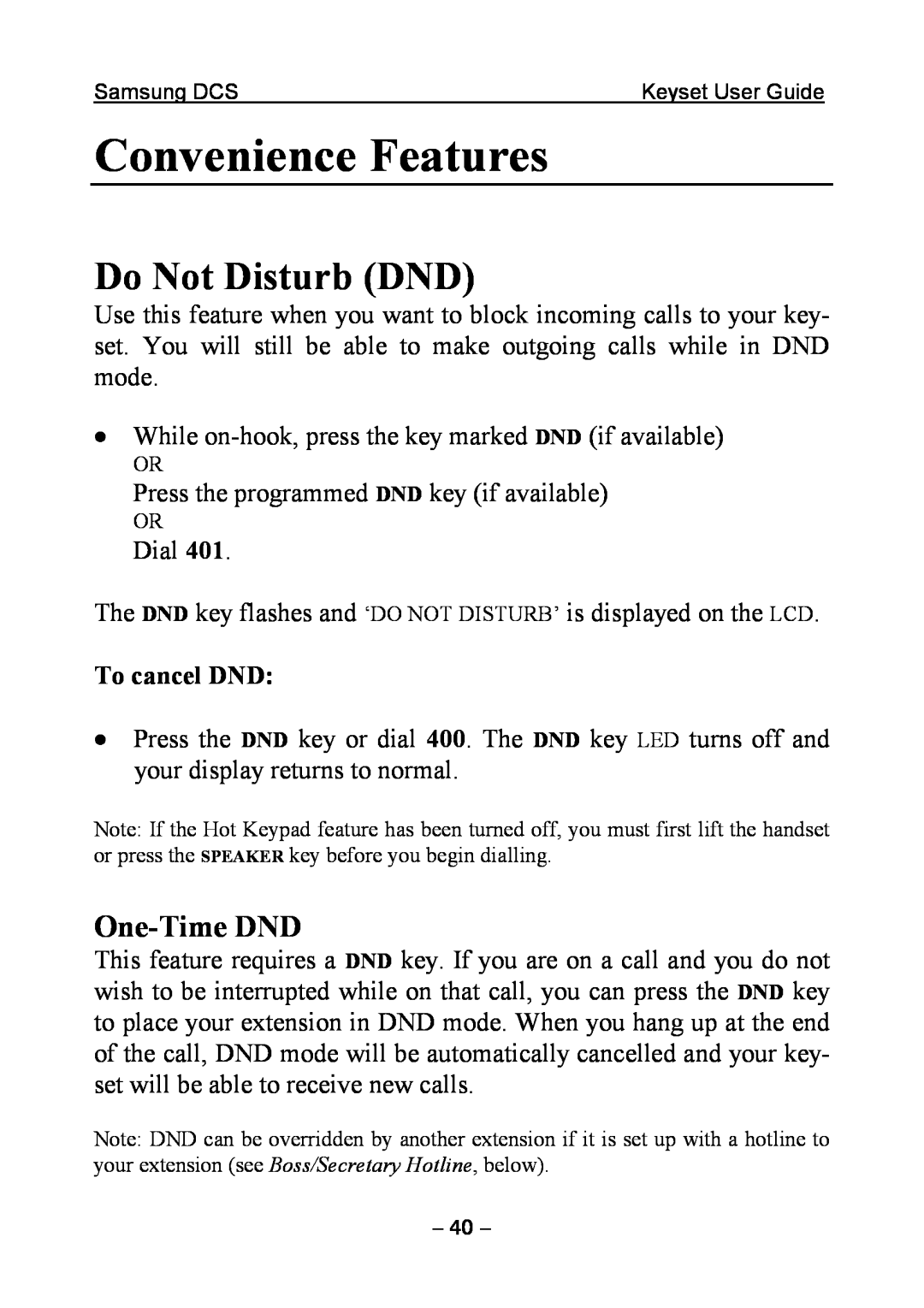 Samsung DCS KEYSET manual Convenience Features, Do Not Disturb DND, One-Time DND, To cancel DND 