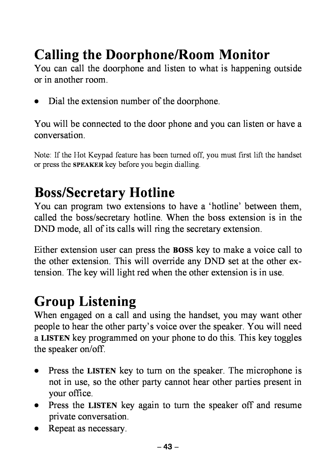 Samsung DCS KEYSET manual Calling the Doorphone/Room Monitor, Boss/Secretary Hotline, Group Listening 