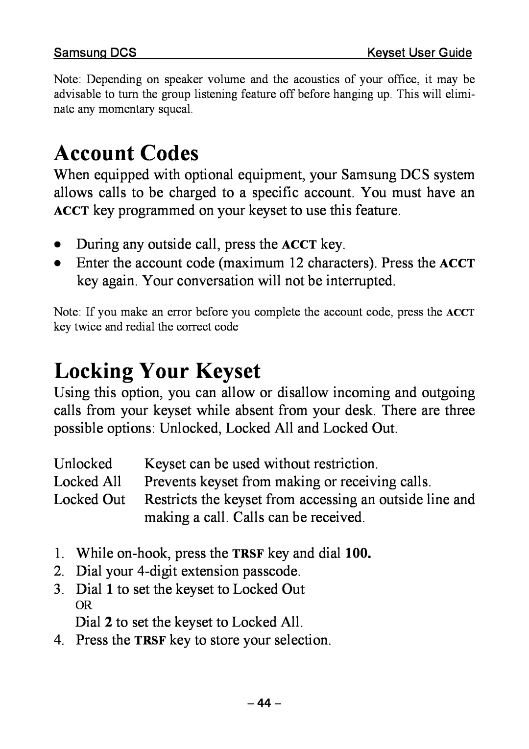 Samsung DCS KEYSET manual Account Codes, Locking Your Keyset 
