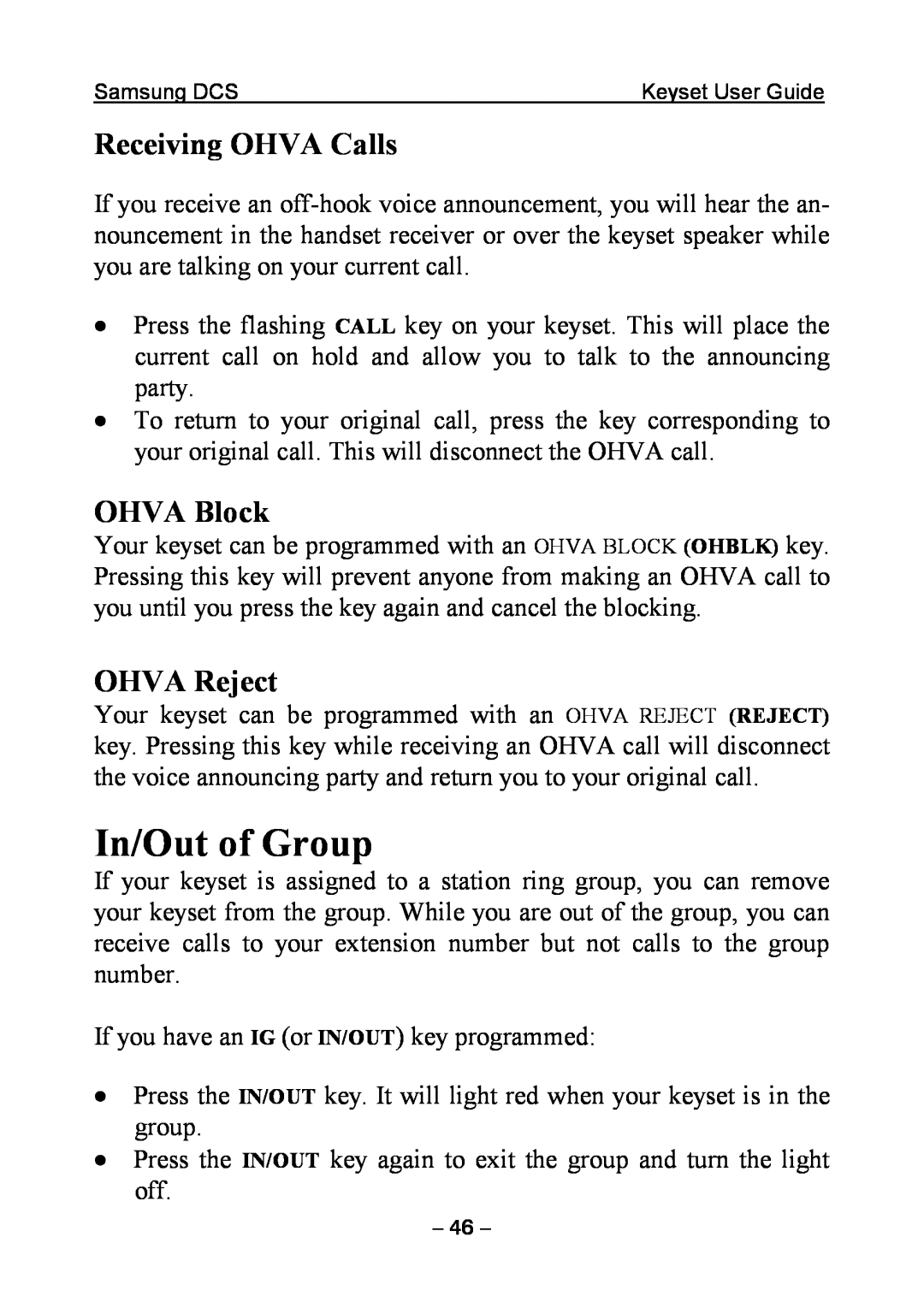 Samsung DCS KEYSET manual In/Out of Group, Receiving OHVA Calls, OHVA Block, OHVA Reject 