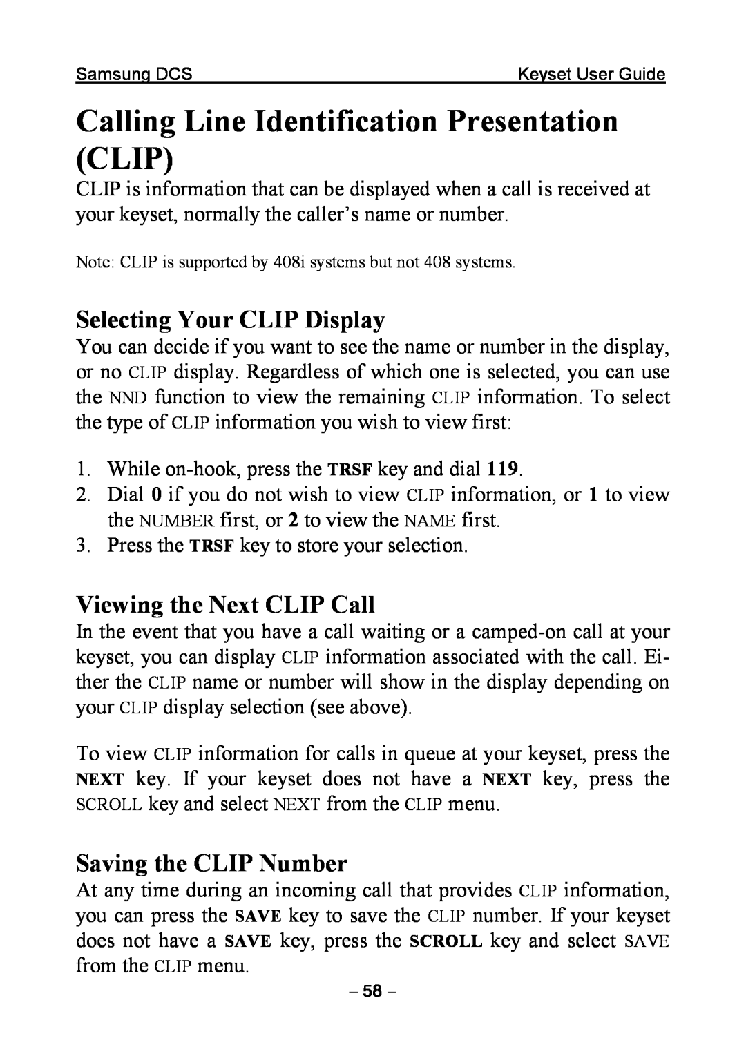 Samsung DCS KEYSET Calling Line Identification Presentation CLIP, Selecting Your CLIP Display, Viewing the Next CLIP Call 