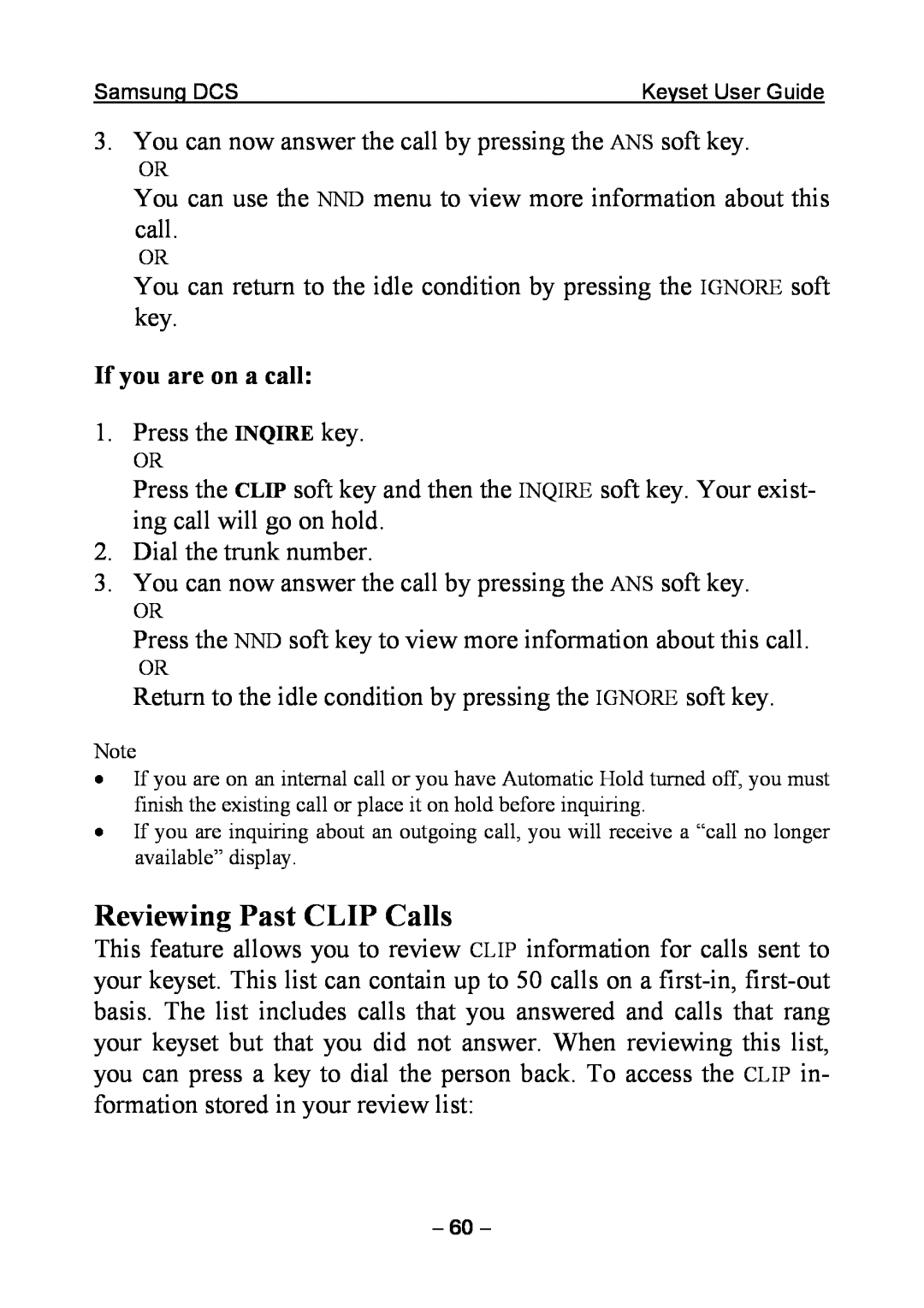 Samsung DCS KEYSET manual Reviewing Past CLIP Calls, If you are on a call 