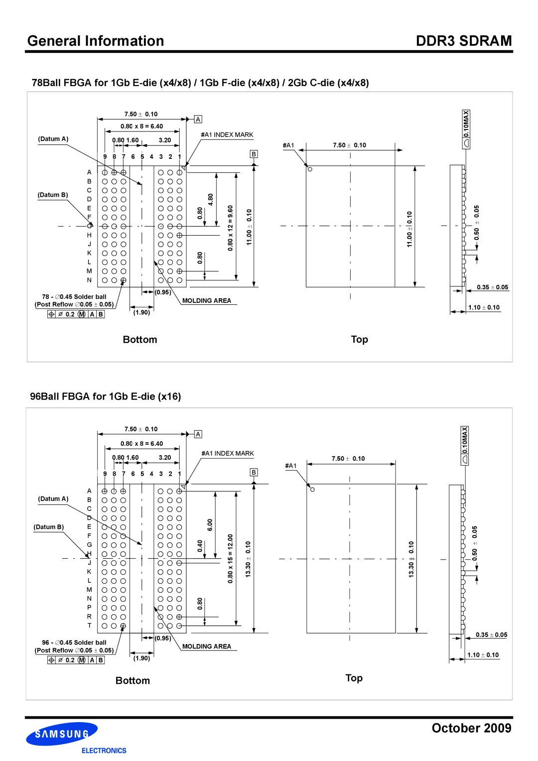 Samsung DDR3 manual Bottom Top 96Ball Fbga for 1Gb E-die 