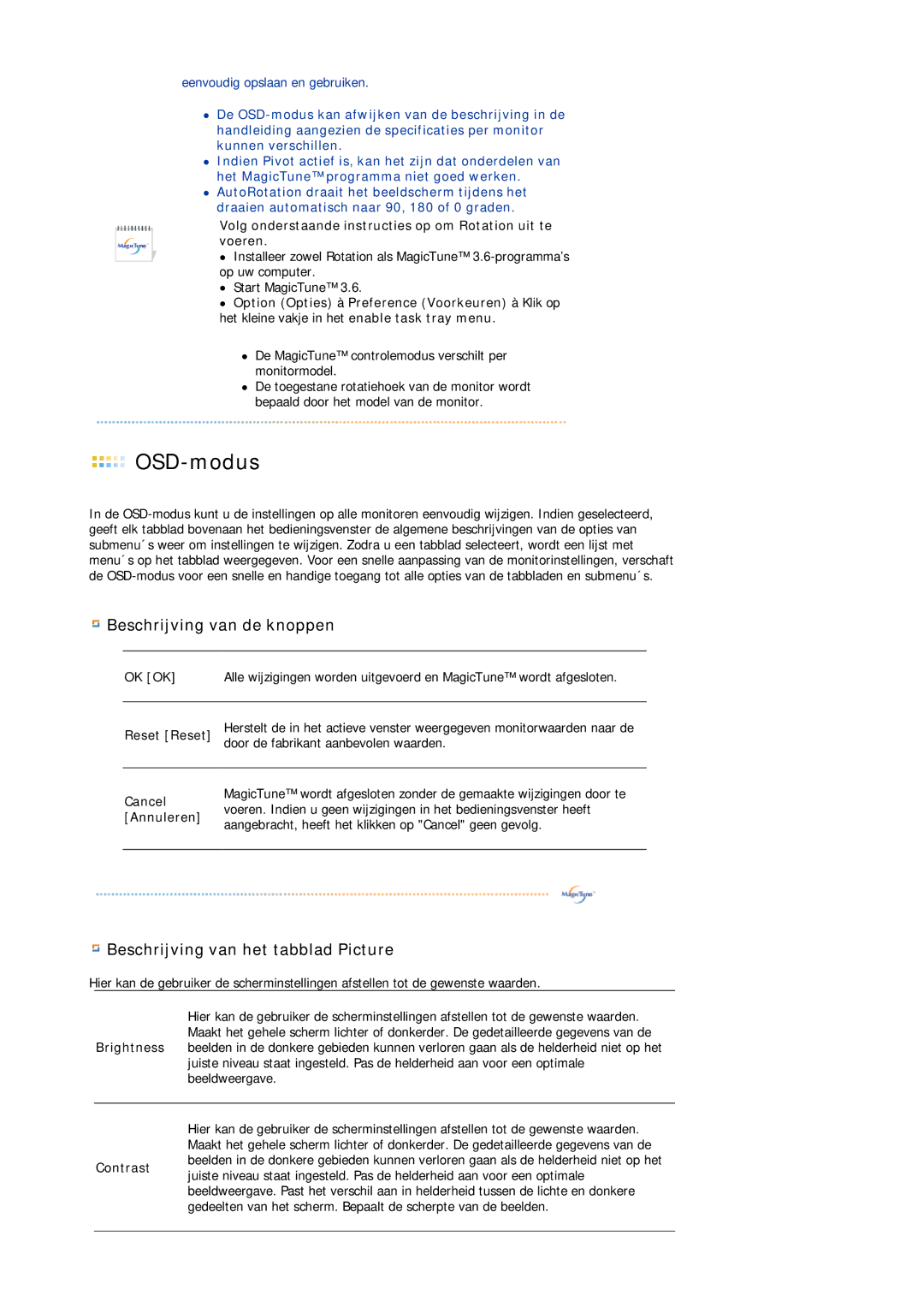 Samsung DE19PSQAQ/EDC, DE17PSQAQ/EDC manual OSD-modus, Beschrijving van de knoppen, Beschrijving van het tabblad Picture 