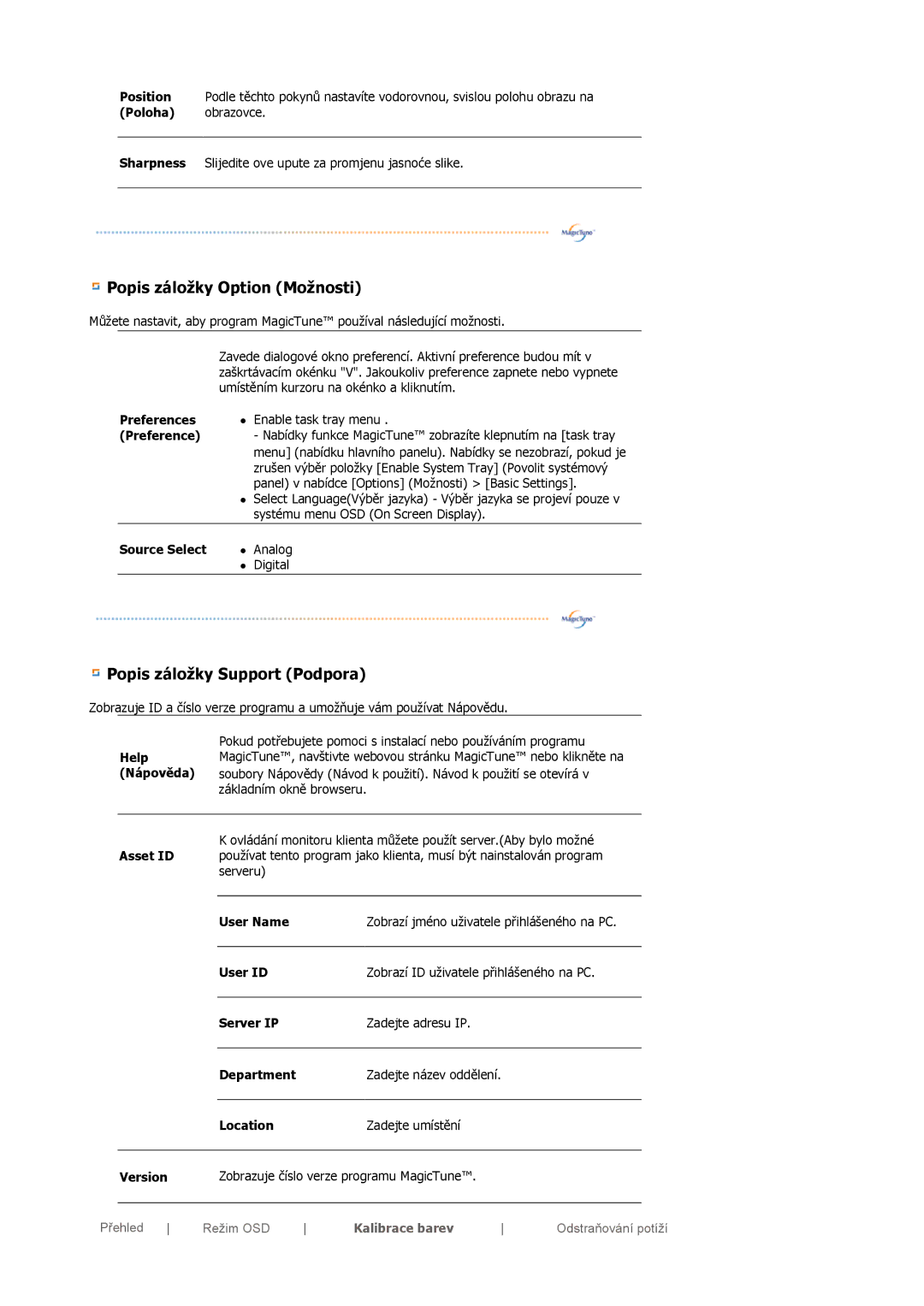 Samsung DE19PSQFV/EDC manual Popis záložky Option Možnosti, Popis záložky Support Podpora, Preference, Help Nápověda 